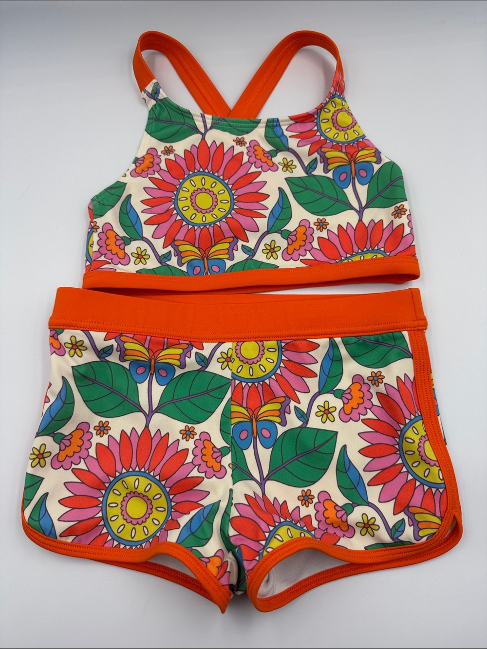 Mini Boden Two-Piece Floral Swim Set with Bright Orange Trim